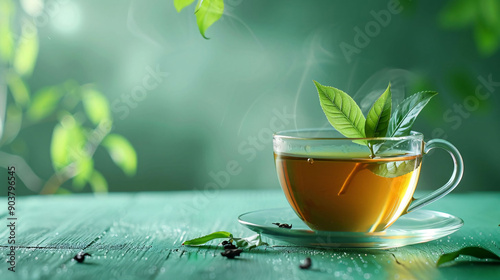 Steaming Cup of Green Tea with Fresh Leaves