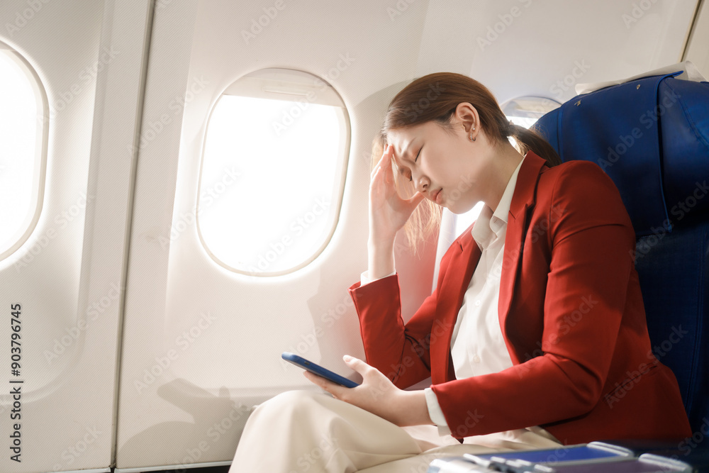 An Asian businesswoman travels abroad by plane,sitting near the window. She feels sick with air sickness, a stomach ache, headache, and neck pain during the long ride, but arrives at her destination. An Asian businesswoman travels abroad by plane,sitting near the window. She feels sick with air sickness, a stomach ache, headache, and neck pain during the long ride, but arrives at her destination.