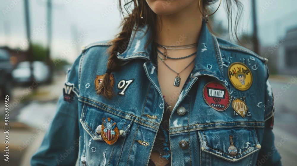A young woman showcases a denim jacket adorned with various patches, standing confidently on a city street under cloudy skies. A young woman showcases a denim jacket adorned with various patches, standing confidently on a city street under cloudy skies.