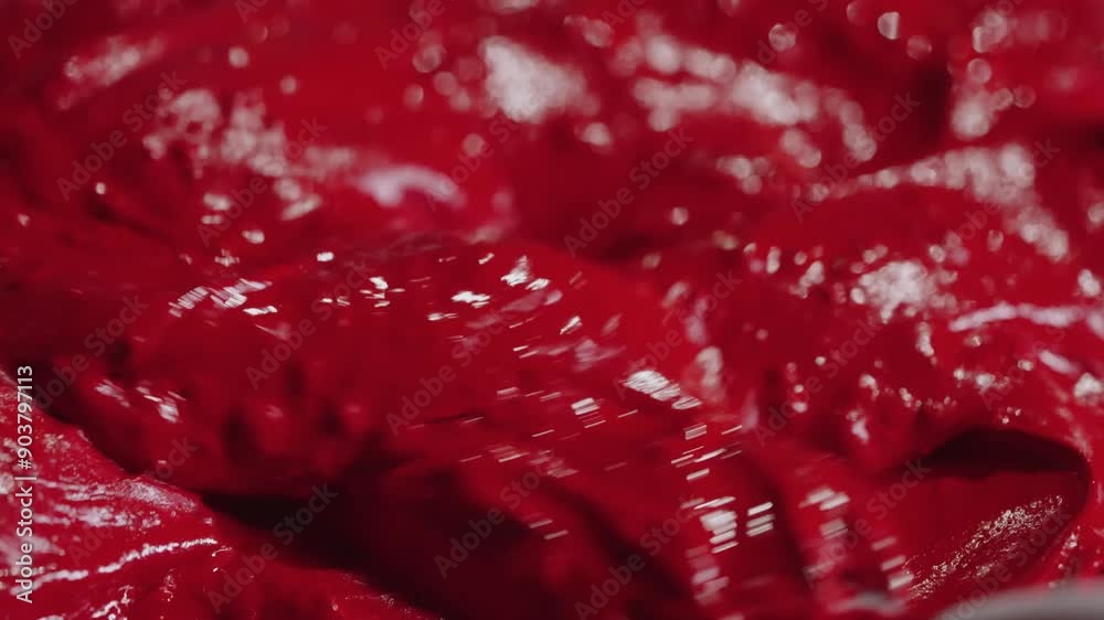 Red oil paint being stirred close up camera footage. Red oil paint being stirred close up camera footage.