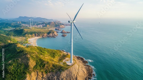 In Bac Lieu, Vietnam, a seascape featuring wind turbines producing electricity is seen alongside a windmill for the production of green energy. Concept of clean energy photo