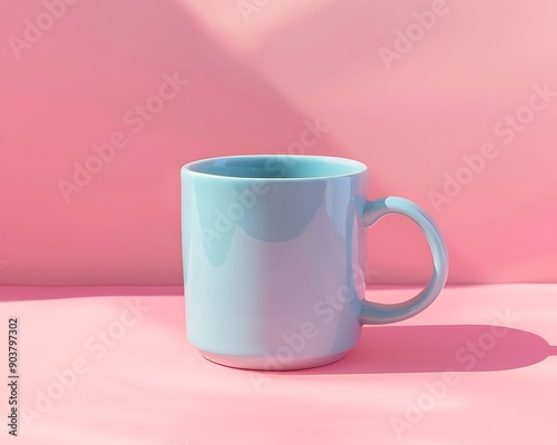 Coffee cup in cyan on a pink table, pastel background, wide-angle shot, natural light, perfect for web.