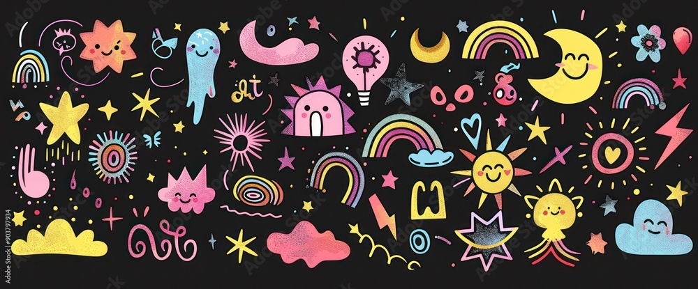 Colorful abstract doodles of flowers, lightning, stars, and hearts on a black background - Generative ai Colorful abstract doodles of flowers, lightning, stars, and hearts on a black background - Generative ai