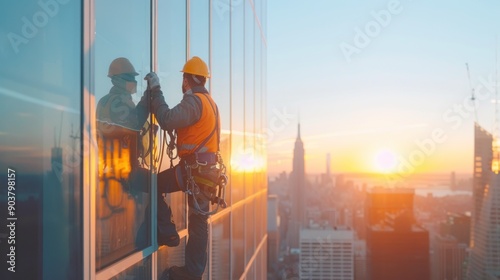 professional man worker working to cleaning glass and exteriors of buildings.