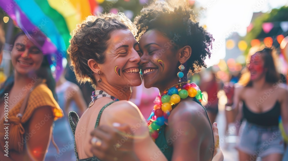 Bisexual couple dancing together at a Pride party, surrounded by friends Bisexual couple dancing together at a Pride party, surrounded by friends