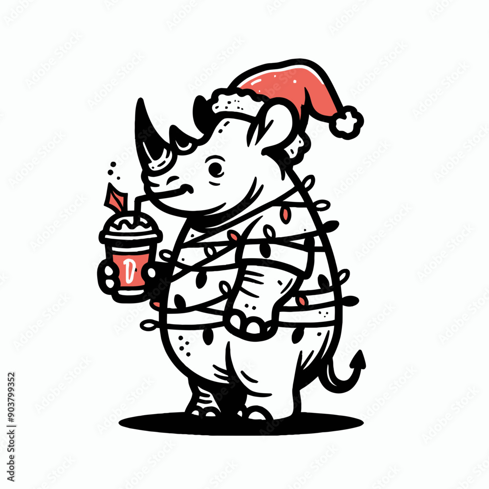 Rhino with santa claus hat tangled wrap around with Christmas lights. Drinking Coffee in Holiday Party Cute Doodle Cartoon Line Art Vector Clipart Rhino with santa claus hat tangled wrap around with Christmas lights. Drinking Coffee in Holiday Party Cute Doodle Cartoon Line Art Vector Clipart