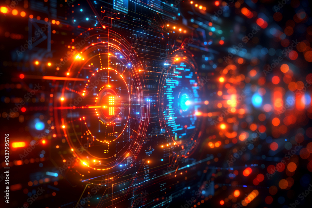 Obraz premium A computer screen with a bright orange and blue circle. The circle is surrounded by a lot of other circles, some of which are also orange and blue. The image gives off a futuristic