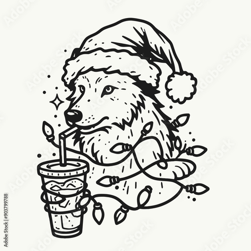  Wolf with santa claus hat tangled wrap around with Christmas lights. Drinking Coffee in Holiday Party   Cute Doodle Cartoon Line Art Vector Clipart