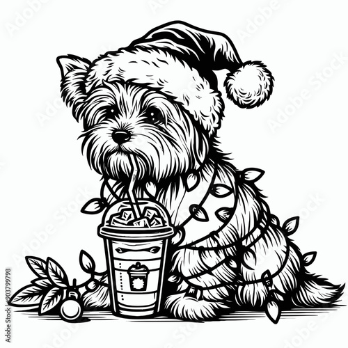  Yorkshire Terrier Dog with santa claus hat tangled wrap around with Christmas lights. Drinking Coffee in Holiday Party  Cute Doodle Cartoon Line Art Vector Clipart 