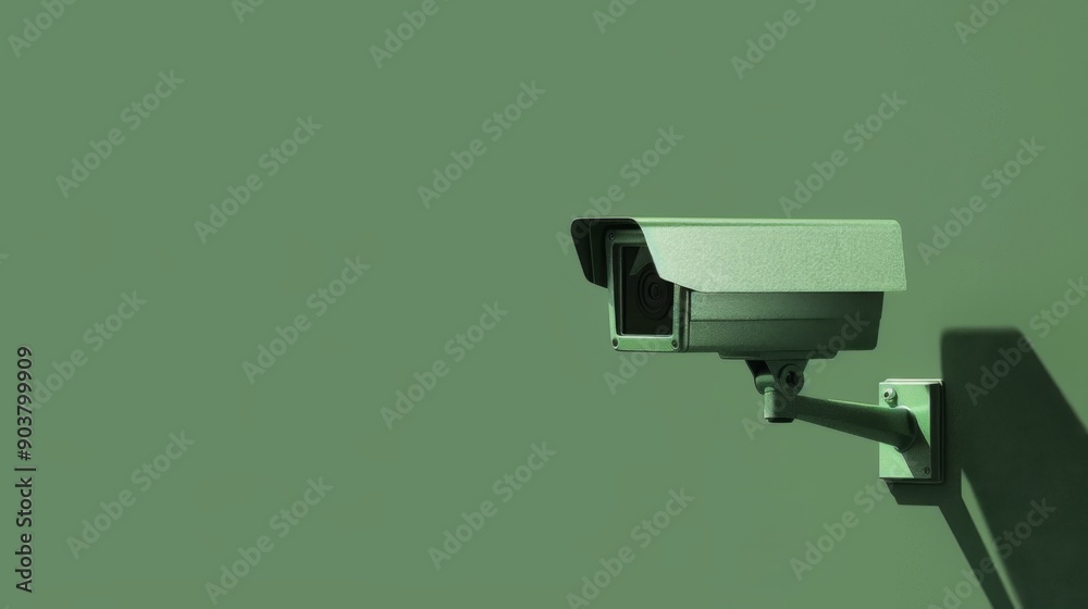 Wall security camera on green background with text area, Copy space. Outdoor video surveillance