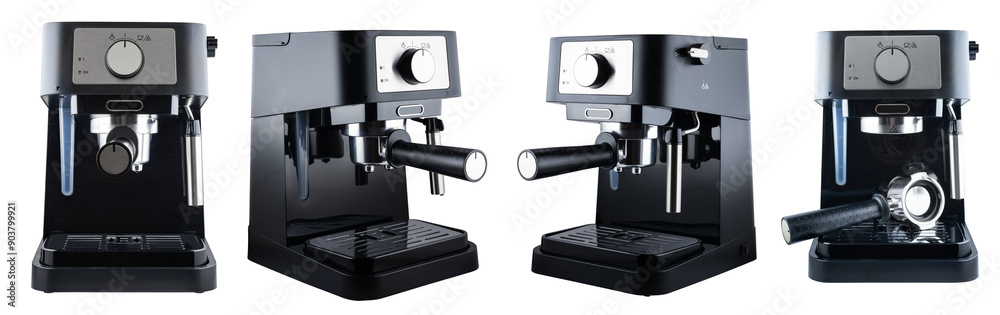 Coffee machine on a white background. Espresso coffee maker close-up isolated on a white background Coffee machine on a white background. Espresso coffee maker close-up isolated on a white background