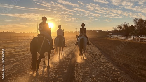 Four riders on horseback travel along a dusty trail as the sun rises, creating a warm golden glow in the early morning sky.