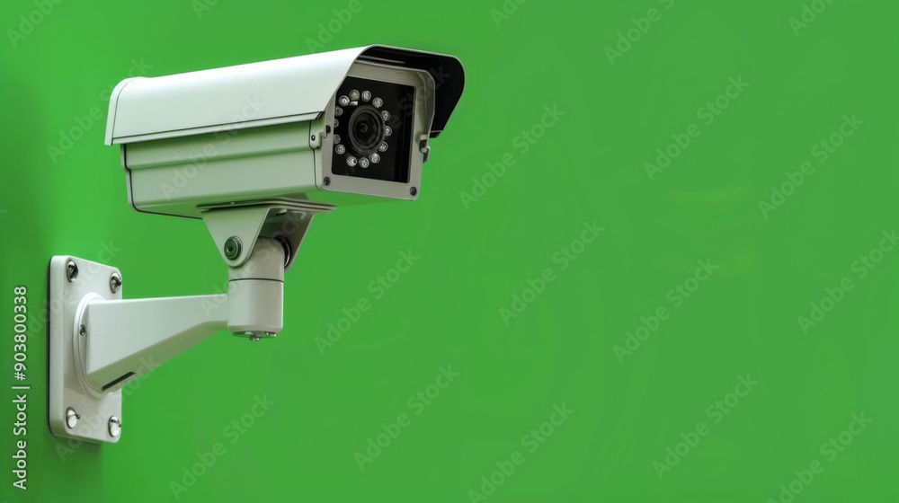 Wall security camera on green background with text area, Copy space. Outdoor video surveillance Wall security camera on green background with text area, Copy space. Outdoor video surveillance