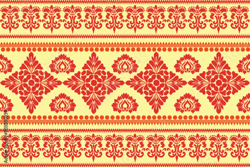 Floral background, seamless geometric pattern, traditional red, yellow design for background, carpet, wallpaper, clothing, wrapping, batik, fabric, embroidery vector pattern.