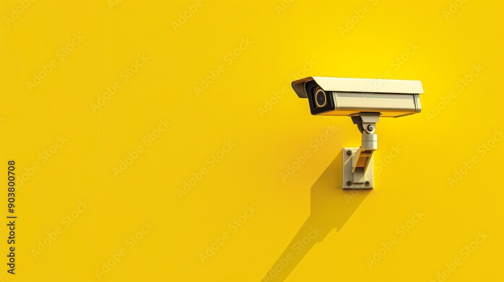 Wall security camera on yellow background with text area, Copy space. Outdoor video surveillance Wall security camera on yellow background with text area, Copy space. Outdoor video surveillance