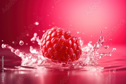 Raspberry Splashing into Water Droplets with Vibrant Red Background photo