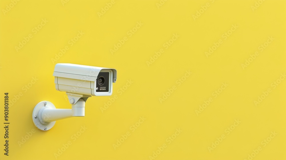 Wall security camera on yellow background with text area, Copy space. Outdoor video surveillance Wall security camera on yellow background with text area, Copy space. Outdoor video surveillance