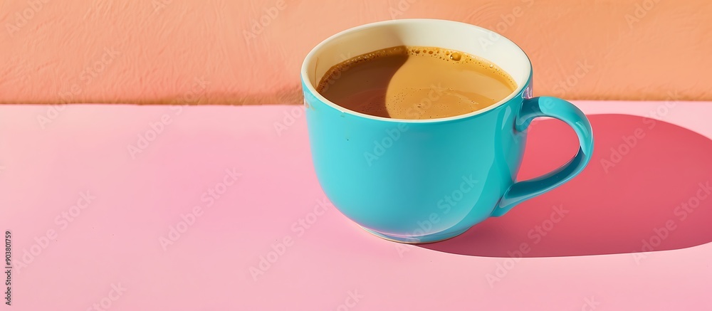Coffee in cyan cup on pink table, pastel backdrop, wide-angle, natural light, web design banner. Coffee in cyan cup on pink table, pastel backdrop, wide-angle, natural light, web design banner.