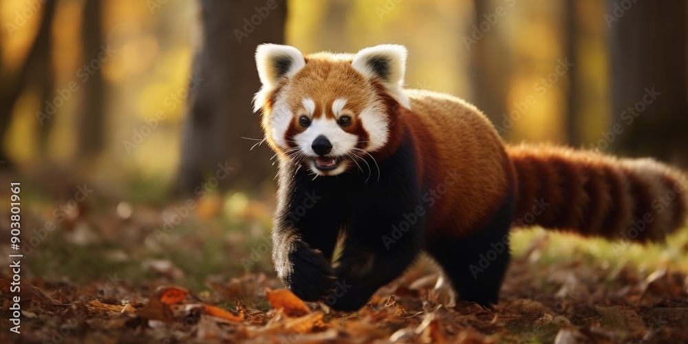 Red panda walking in the forest with a curious expression Red panda walking in the forest with a curious expression