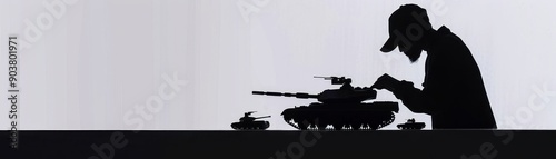 Silhouette of a person working on a model tank, representing hobby, craftsmanship, and attention to detail. photo