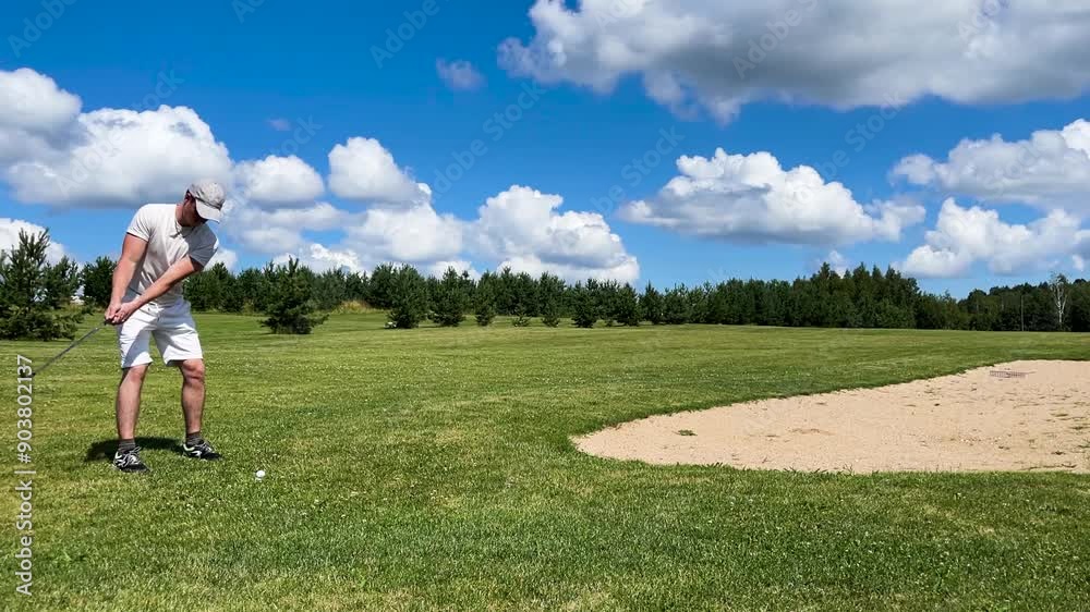 Male enjoy golf game on green course, cloudy summer sky in Latvia Male enjoy golf game on green course, cloudy summer sky in Latvia