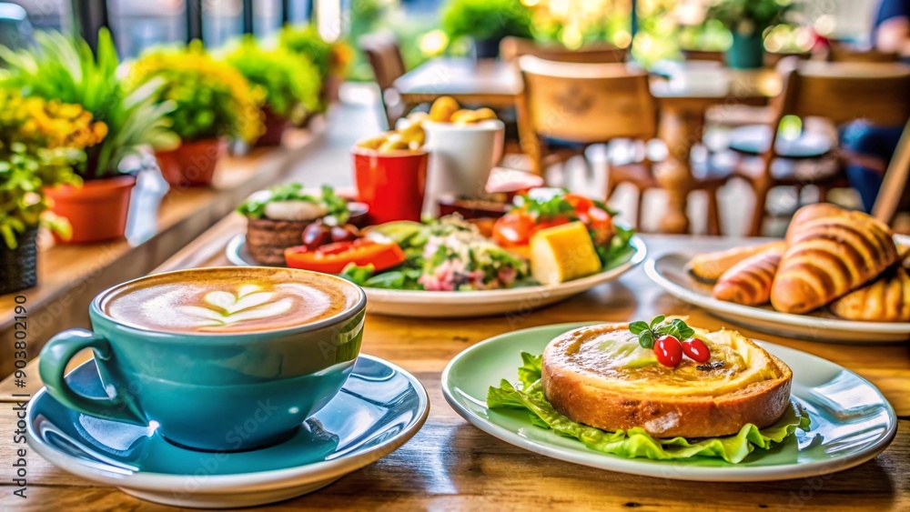 A bright cafe with a comprehensive coffee menu breakfast with a croissant. A bright cafe with a comprehensive coffee menu breakfast with a croissant.