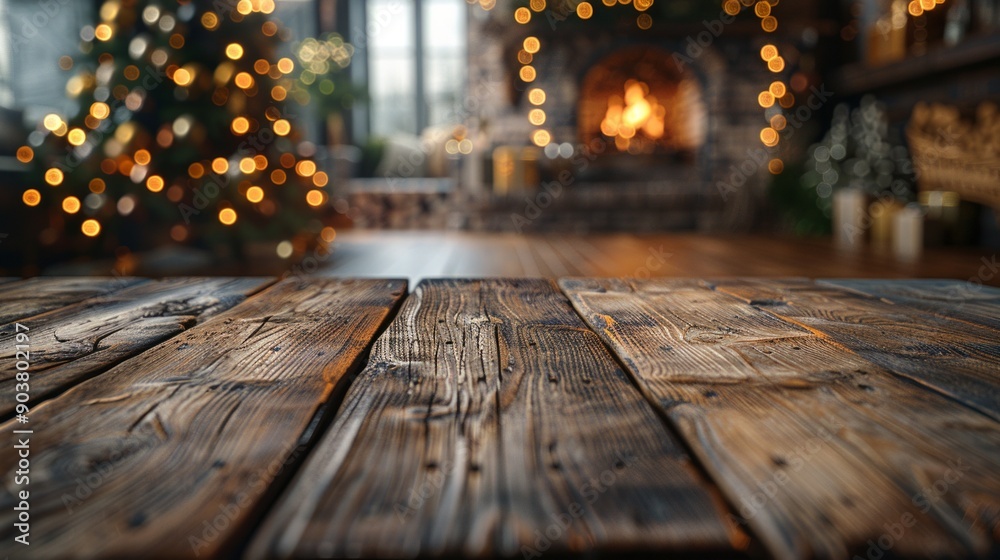 Calm image of empty wooden floor in front of decorated fireplace and Christmas tree. Place for text. Suitable for Christmas background.