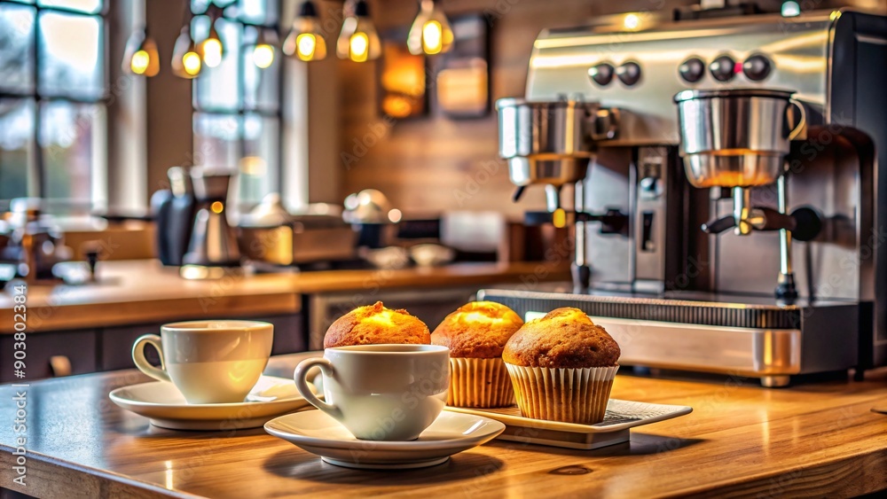 A coffee machine on a kitchen table with a cup cake. A coffee machine on a kitchen table with a cup cake.