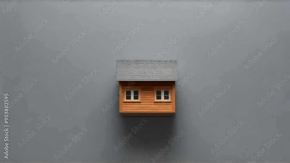 small model house with a grey tiled roof and light-colored walls, placed against a plain grey background. The house appears minimalist and isolated, creating a sense of simplicity and focus on the str small model house with a grey tiled roof and light-colored walls, placed against a plain grey background. The house appears minimalist and isolated, creating a sense of simplicity and focus on the str