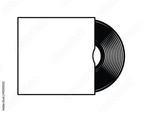 simple vinyl music record with half out of sleeve cover black and white transparent background