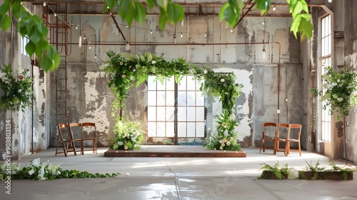 A unique industrial wedding scene with a mix of concrete, metal, and greenery, wedding, ceremony, urban materials