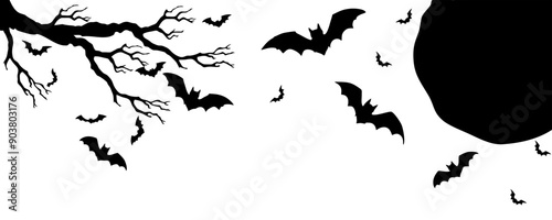 Halloween Isolated vector decorative holiday element with black silhouettes flying bats and on tree branches