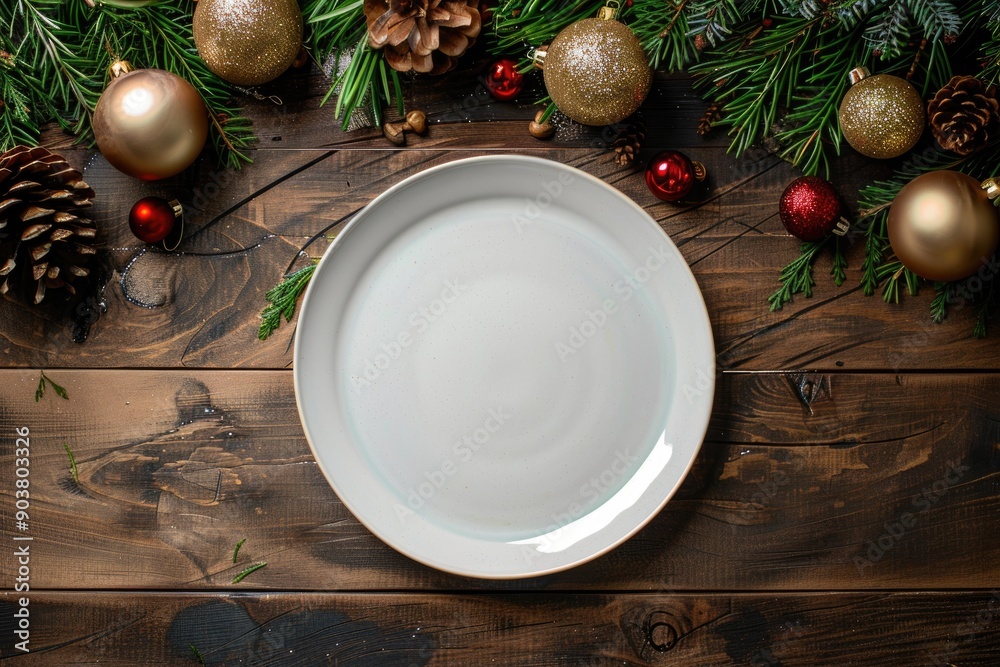 Festive Christmas Table Setting with Empty White Plate and Holiday Decorations Festive Christmas Table Setting with Empty White Plate and Holiday Decorations