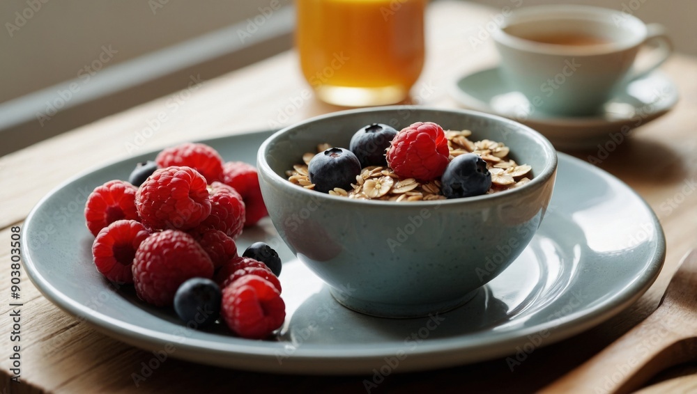 A hearty bowl of oatmeal topped with raspberries and blueberries, accompanied by honey and a warm beverage, healthy morning A hearty bowl of oatmeal topped with raspberries and blueberries, accompanied by honey and a warm beverage, healthy morning