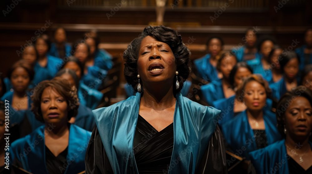 Hallelujah - a choir of black women wearing blue mantles singing in a church, wide view shot, front view