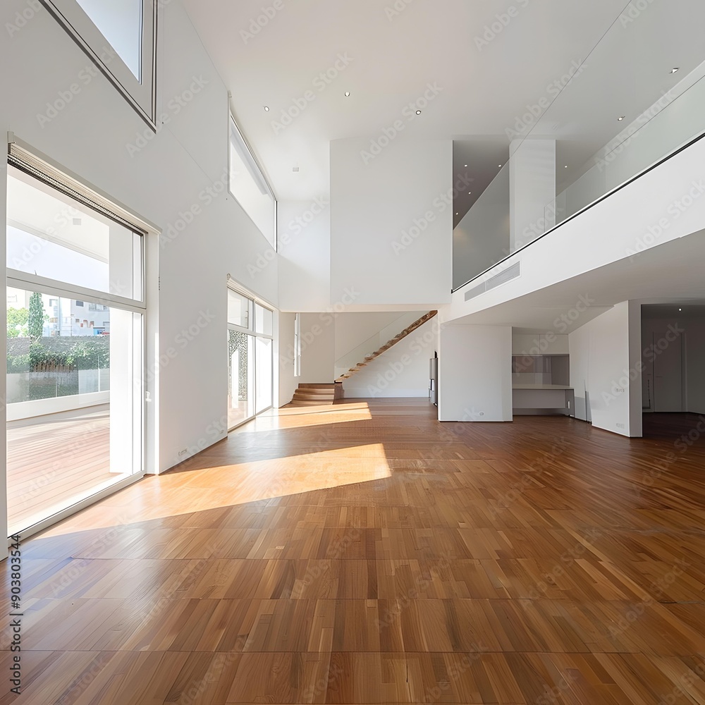 Obraz premium Modern Open Concept Home Interior Design With Wood Flooring