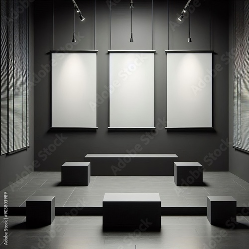 Empty dark gray linear blinds gallery wall with three white mock up banners. Museum concept. 3D Rendering. 