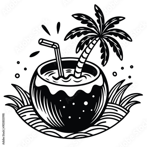 A vivid and lively illustration of a coconut on a beach, designed to be printed on a T-shirt.