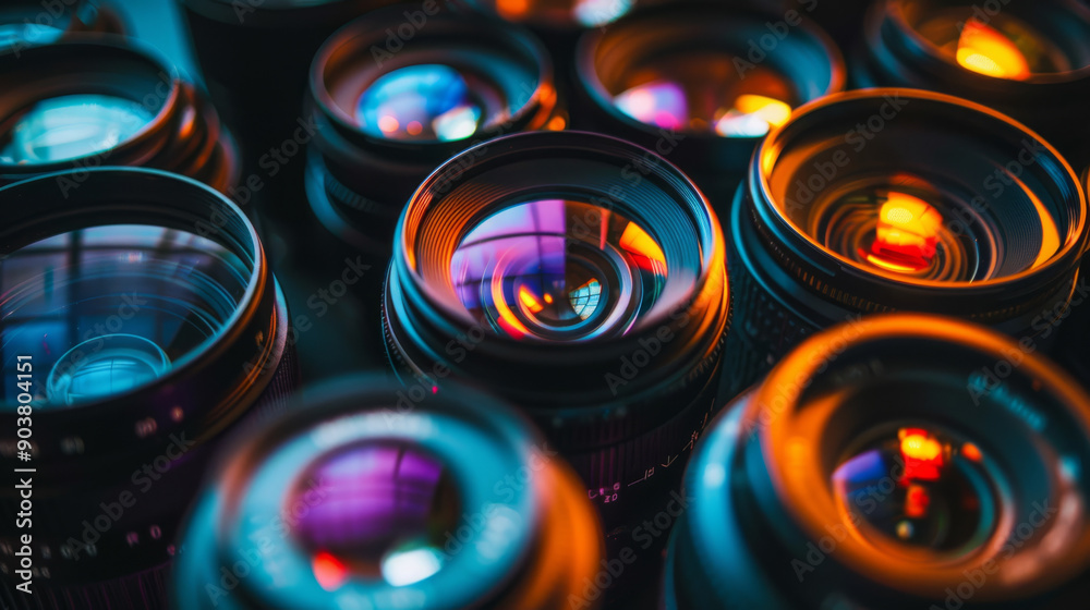 Several camera lenses with reflections of colorful lights, arranged closely together, creating a mesmerizing, vibrant scene. Several camera lenses with reflections of colorful lights, arranged closely together, creating a mesmerizing, vibrant scene.
