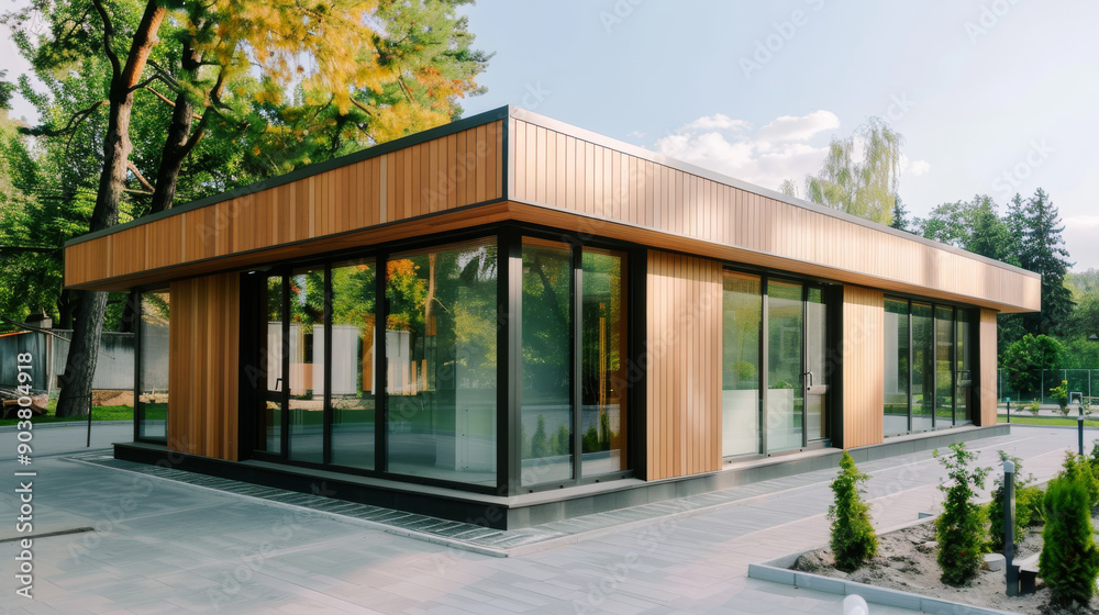 A modern, minimalist house with large glass windows, wooden paneling, and surrounded by lush greenery. The structure exudes contemporary elegance. A modern, minimalist house with large glass windows, wooden paneling, and surrounded by lush greenery. The structure exudes contemporary elegance.