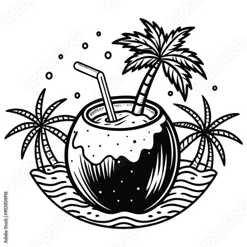A vivid and lively illustration of a coconut on a beach, designed to be printed on a T-shirt.