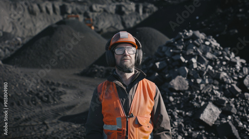 A miner, clad in protective gear and an orange vest, stands amidst the rocky terrain of a mining site, reflecting the rugged nature of this profession.