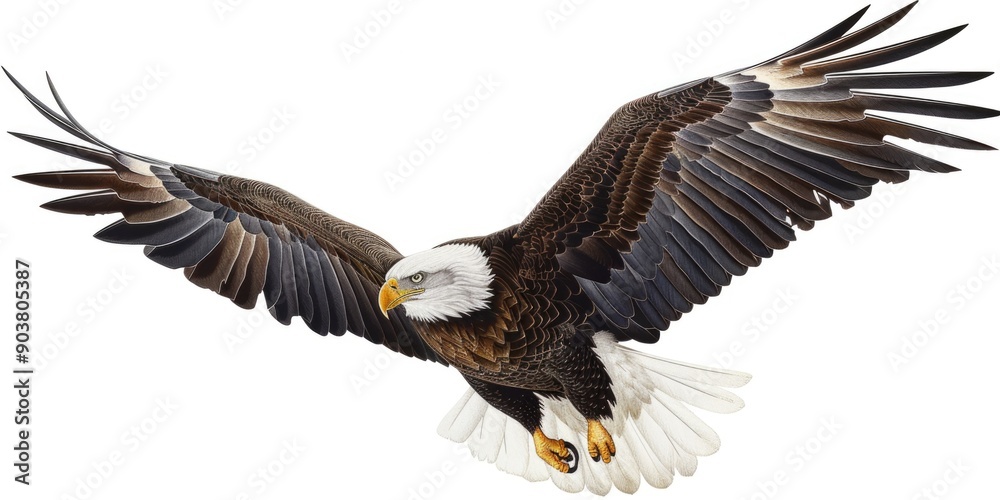 Fototapeta premium Wildlife photo of a bald eagle soaring through the sky with its wings outstretched