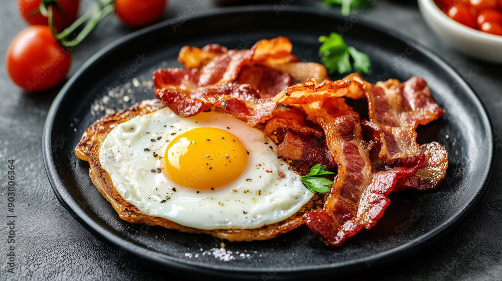 Perfect Morning Meal Fried Egg and Crispy Bacon on a Dark Plate Perfect Morning Meal Fried Egg and Crispy Bacon on a Dark Plate