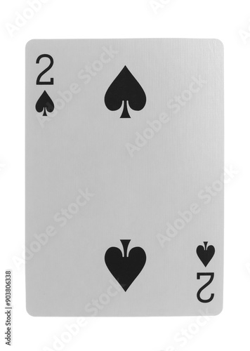 Flying playing card for poker and gambling, deuce spade isolated on white, clipping path
