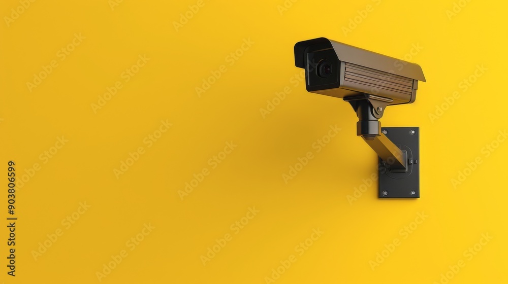 Wall security camera on yellow background with text area, Copy space. Outdoor video surveillance Wall security camera on yellow background with text area, Copy space. Outdoor video surveillance