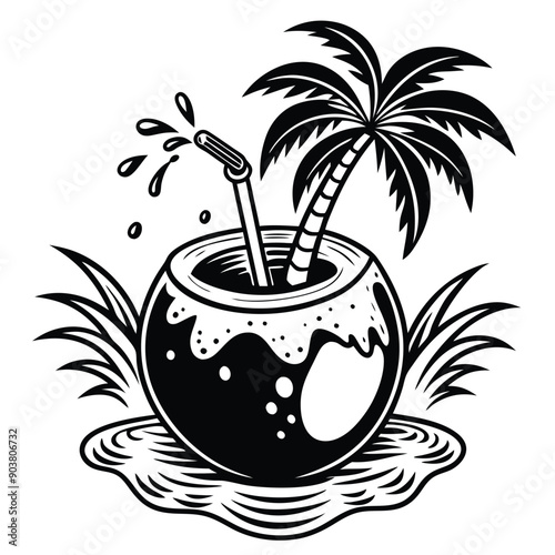 A vivid and lively illustration of a coconut on a beach, designed to be printed on a T-shirt.
