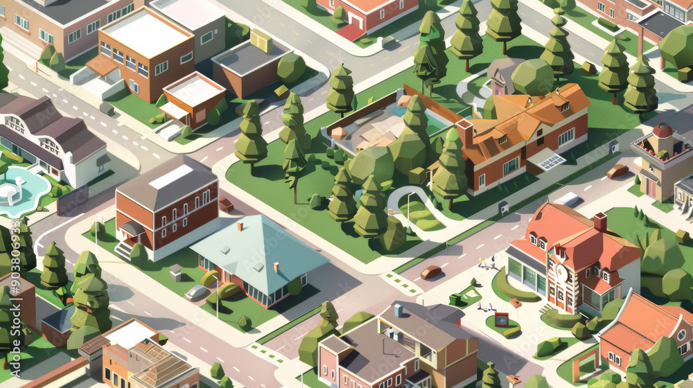 Neighborhood Overview Rendering An aerial view of a different charming neighborhood with neat houses ...