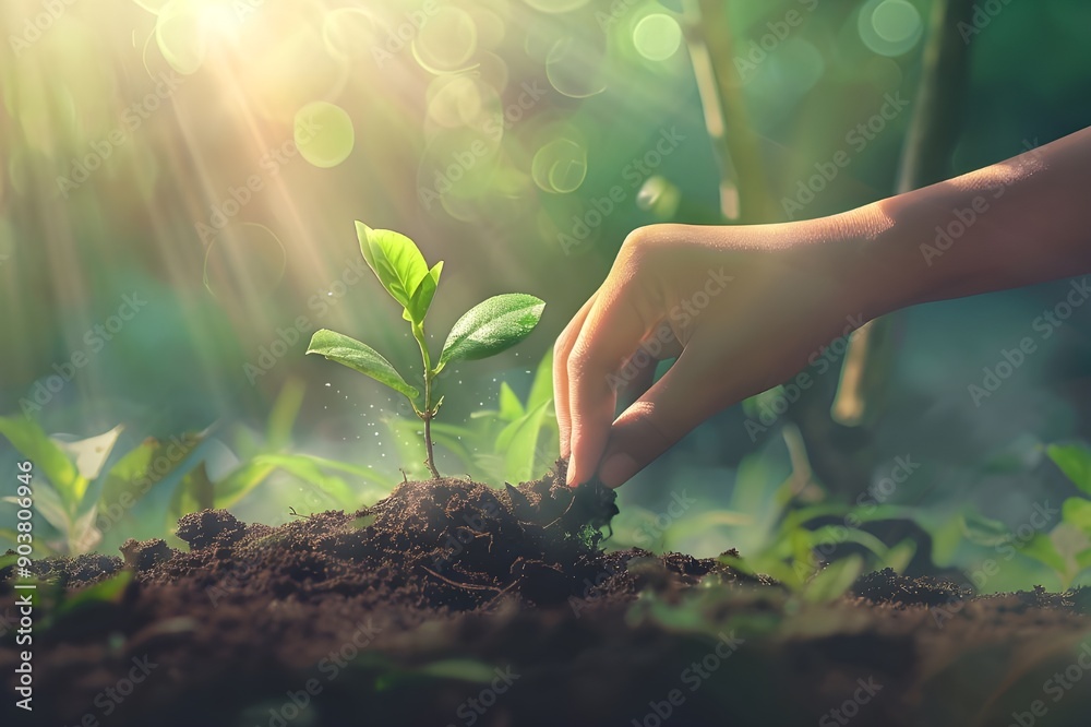 Fototapeta premium A Hand Planting a Sapling in the Earth