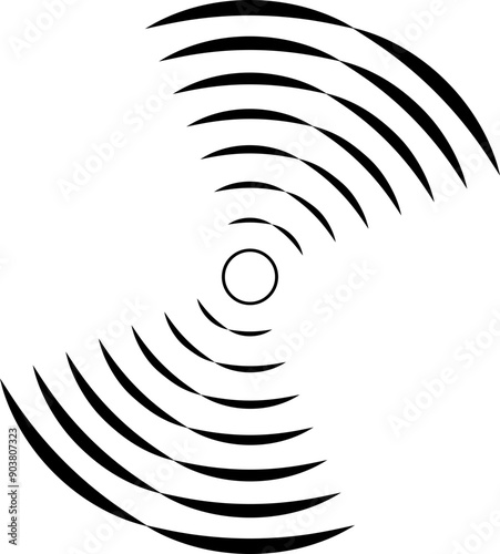 Concentric circles with broken lines isolated on white background. Vortex, sonar wave, soundwave, sunburst, signal signs.
